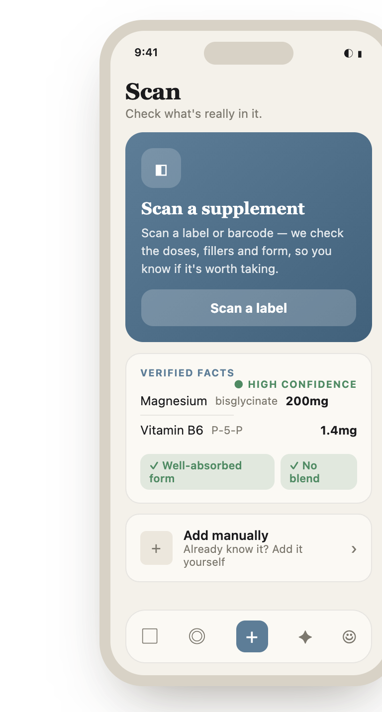 Supplova label scanner — scan a label or barcode and see the verified ingredients, doses and form.
